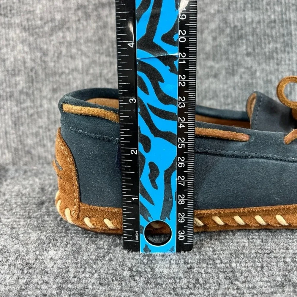LL Bean Mens 8M Navy Suede Soft Sole Moccasin Slippers Whipstitch Blue Tan